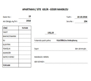 Apartman Gelir Gider Makbuz Örneği